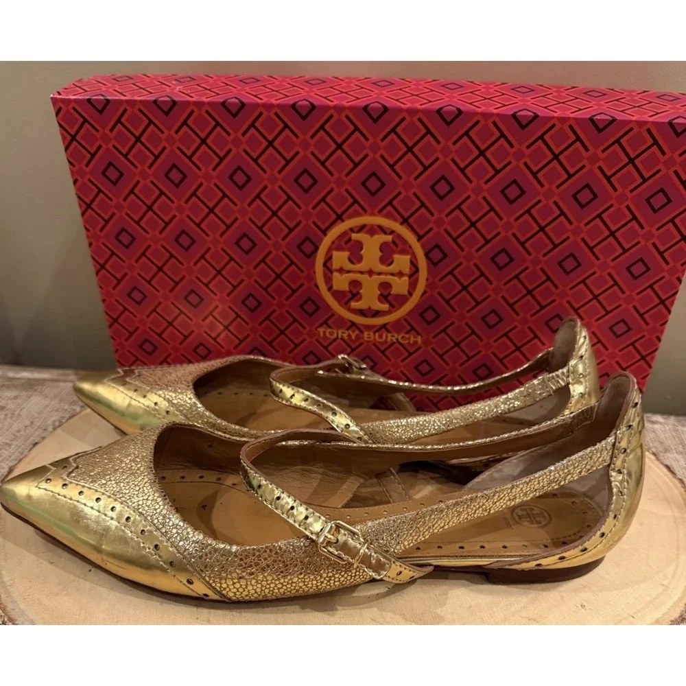 Tory Burch Bernadette 9M metallic Gold leather Mary Jane pointed-toe flats 358$ - Picture 5 of 14